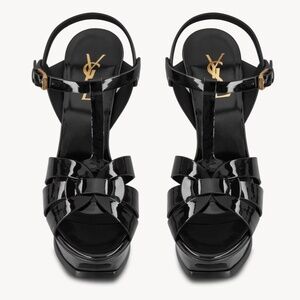 Saint Laurent Black Patent Leather Tribute Platform Sandals Heels Size 38 Authen